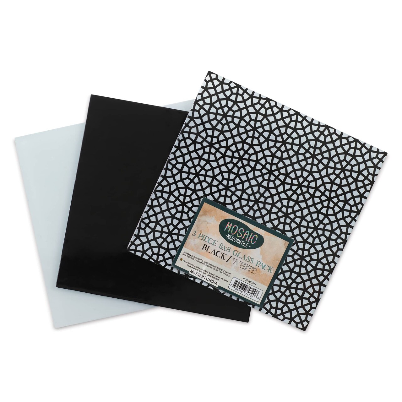 Mosaic Mercantile Opalescent Glass Pack - Black and White, 8" x 8", Pkg of 3